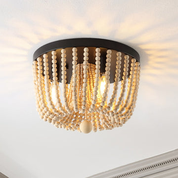 Eivissa 13" Coastal Farmhouse Iron/Wood Bead LED Flush Mount - JONATHAN Y
